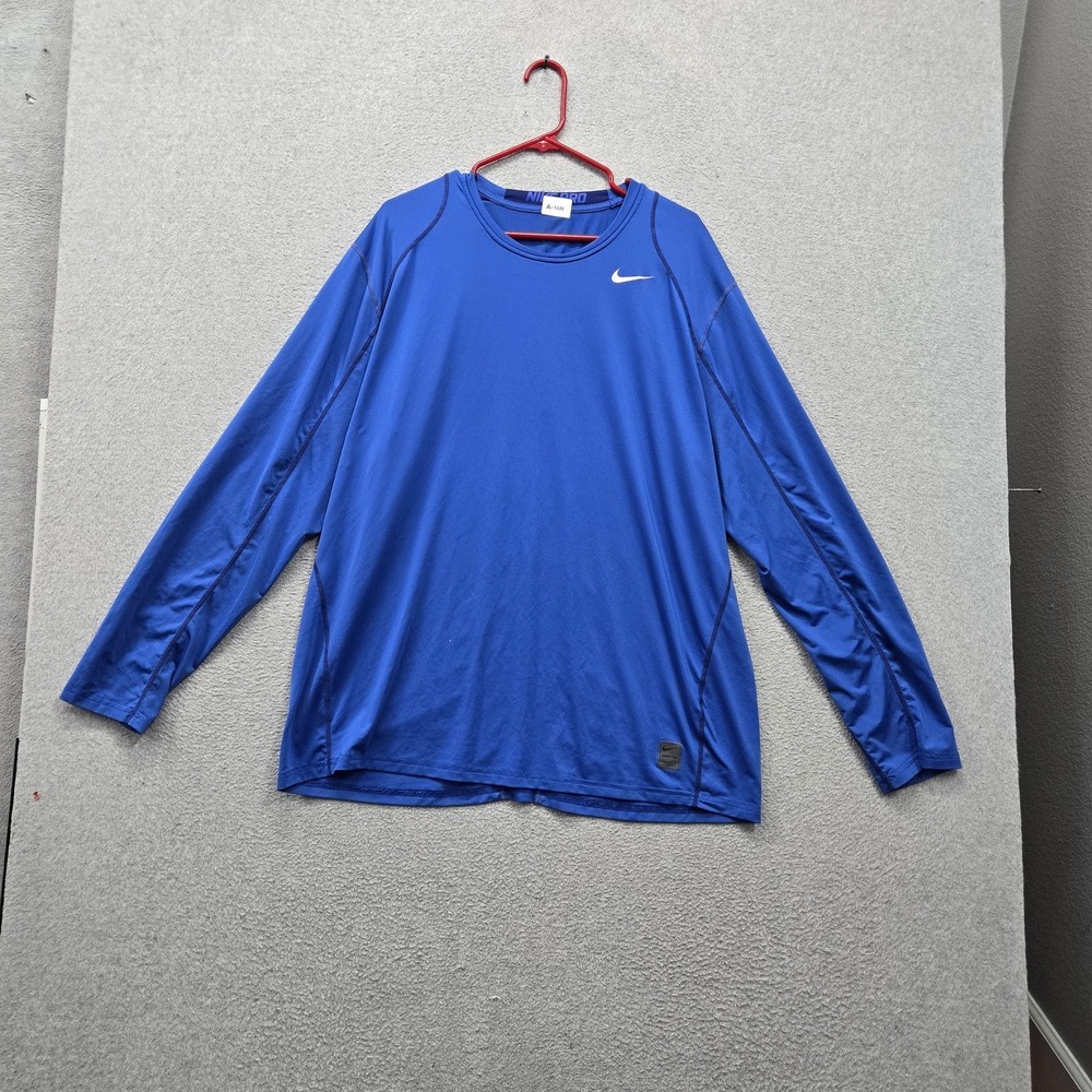Nike Men Activewear Top L Blue Dri-Fit Nike Pro Shirt Logo Long Sleeve READ